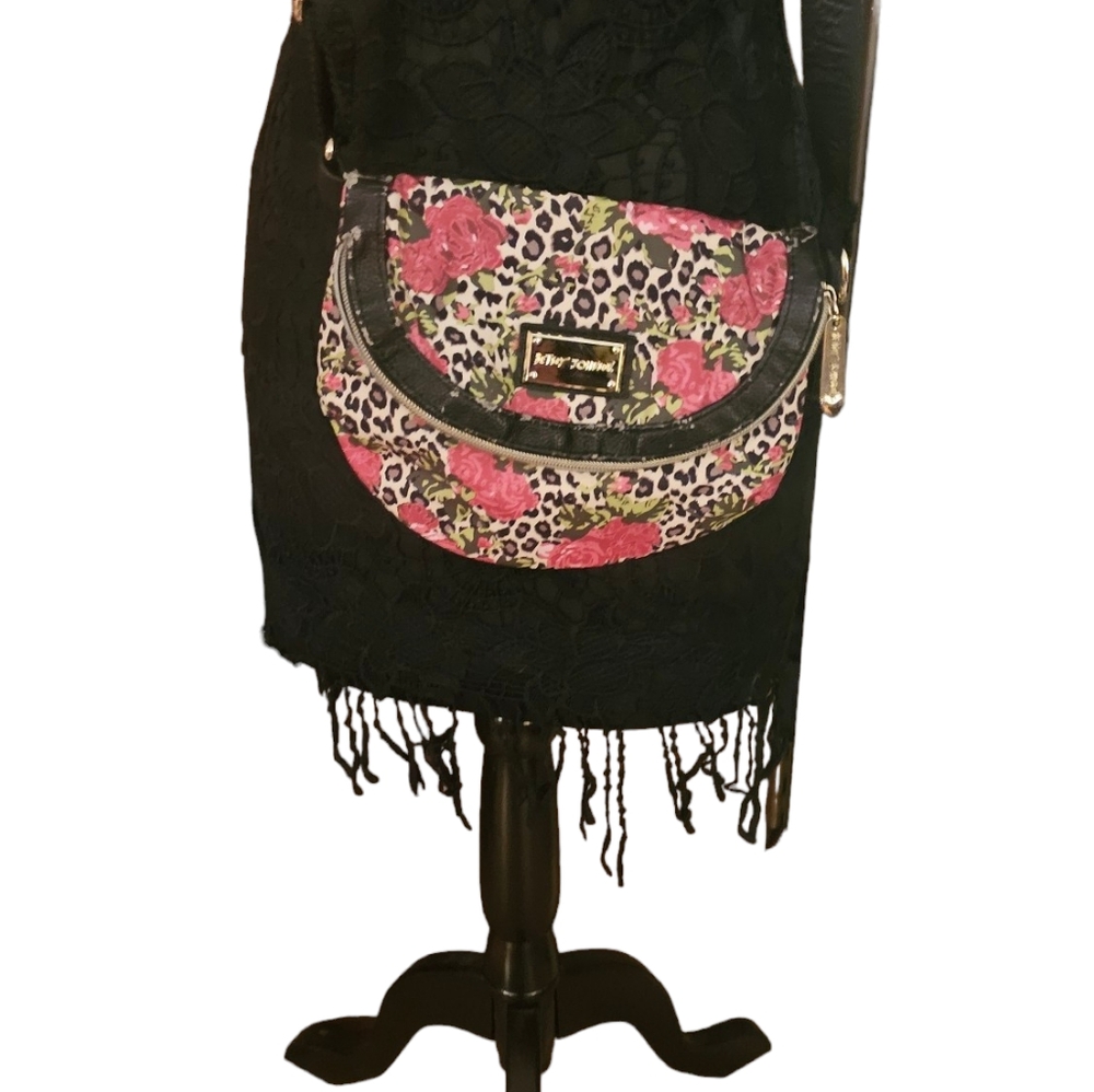BETSEY JOHNSON LEOPARD FLORAL PURSE WITH EXTRA LONG INSIDE